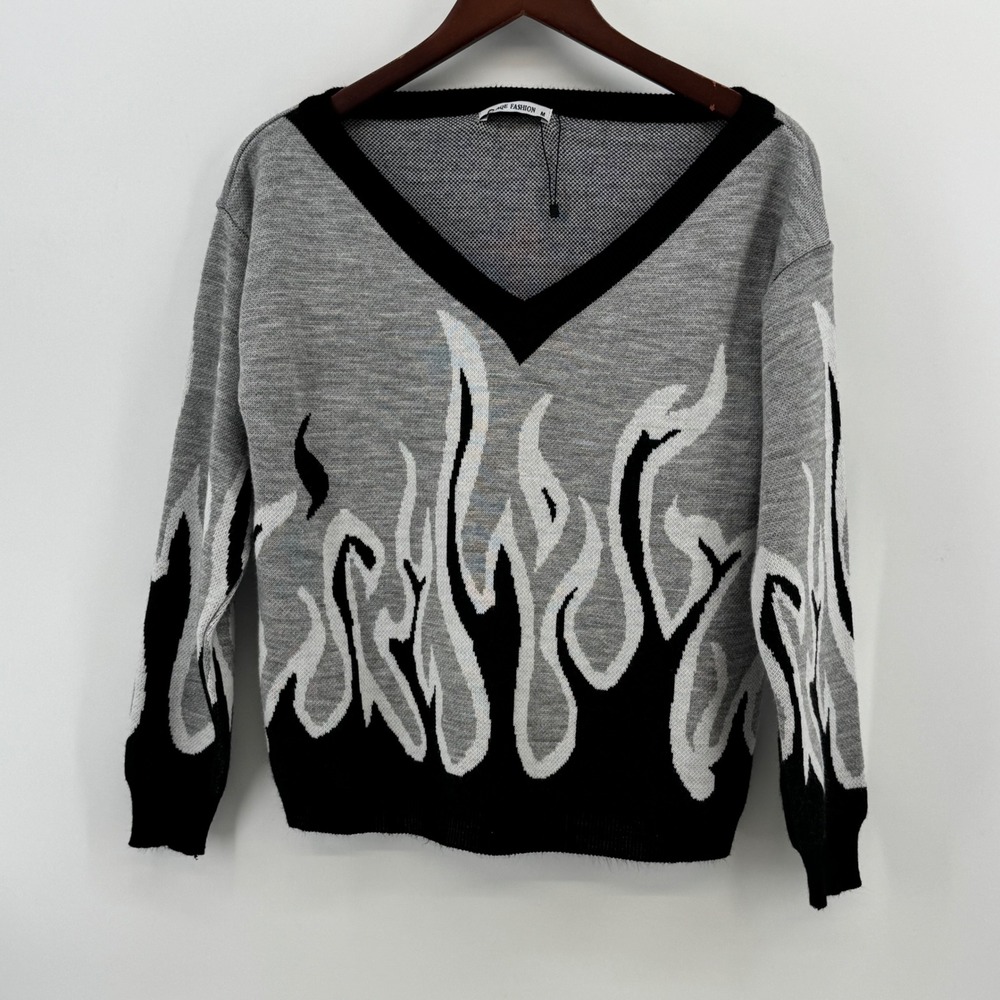 AQE Fashion Womens Flame Knit Sweater Grey‎ Black V-Neck Long Sleeve Pullover M